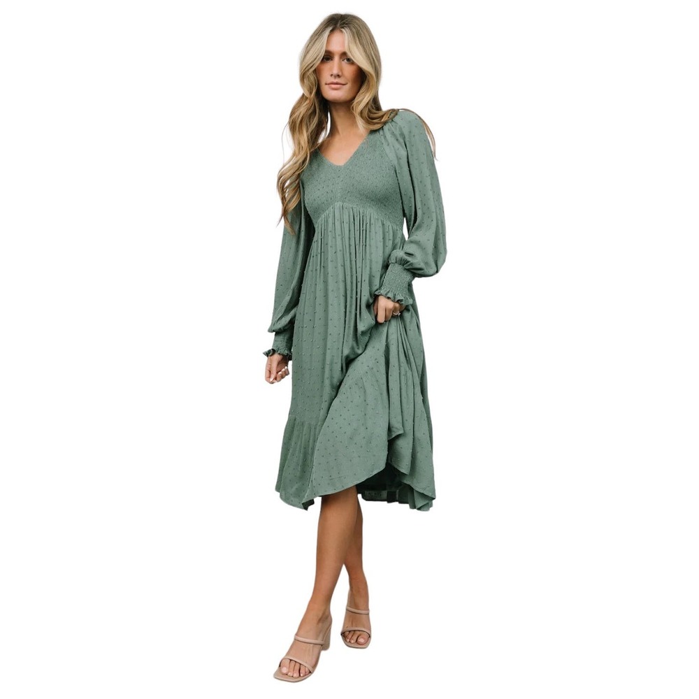 Balticborn Lainey Smocked Dotted Midi Dress size 1X dark sage